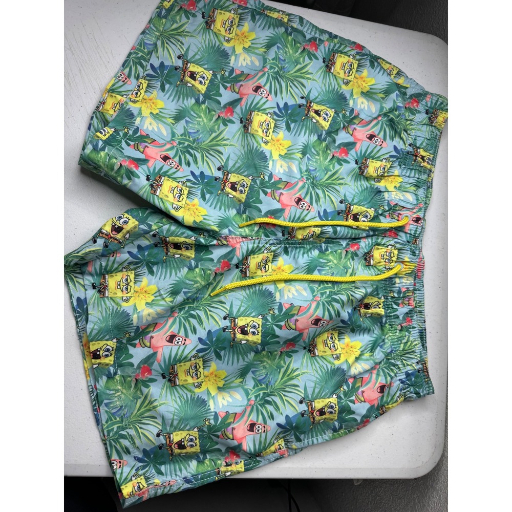H&M SpongeBob SquarePants Swim Trunks Mens Medium Blue Tropical Floral Shorts